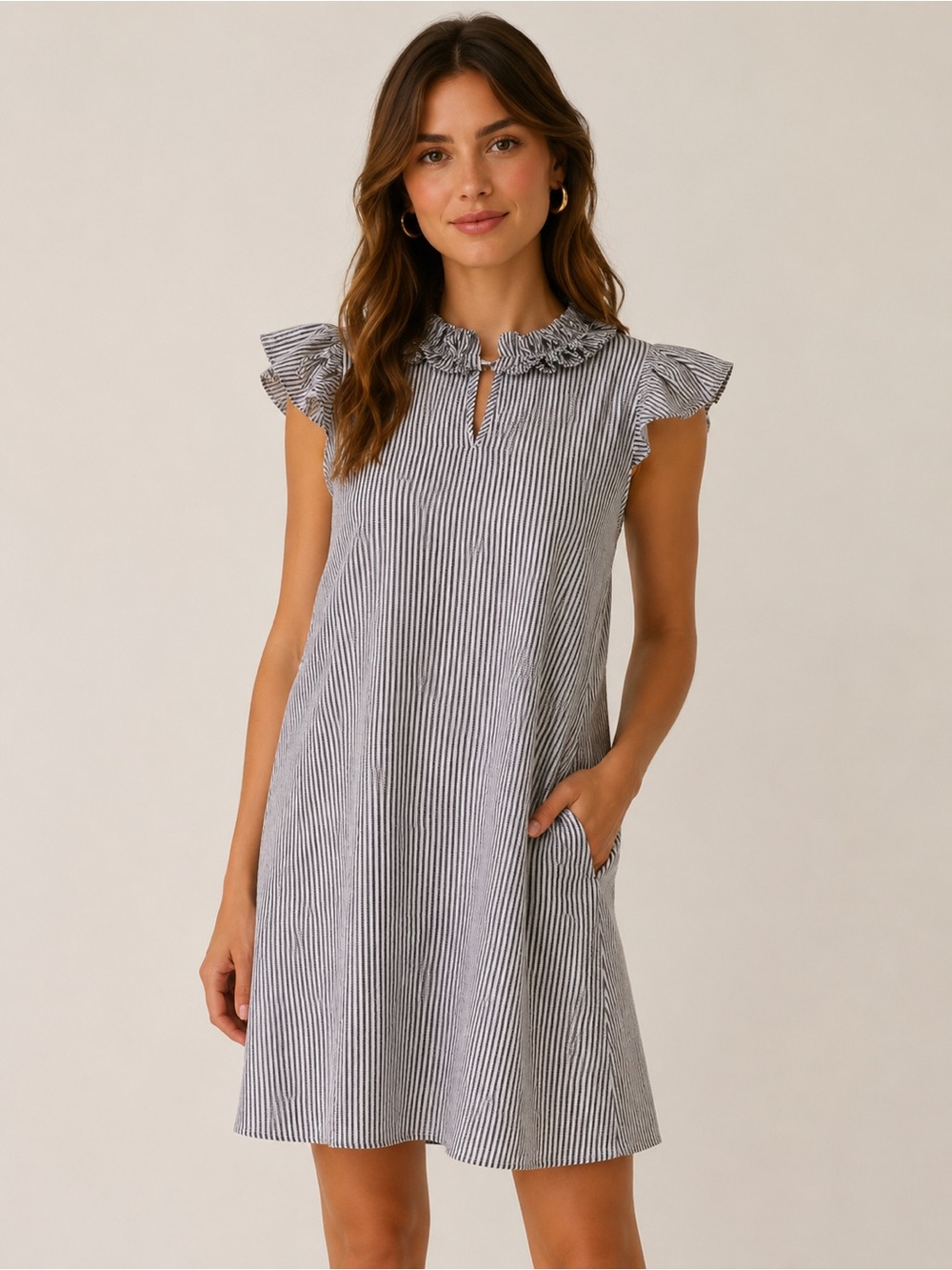 Never A Wallflower Black White Stripe Ruffle Neck Shift Dress SZ XS Cotton